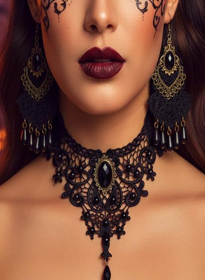 CLOACE Halloween Choker Necklace Set Flower Crystal Pendant Necklaces Earrings Gothic Jewelry Accessories for Women (Black) - Image 5