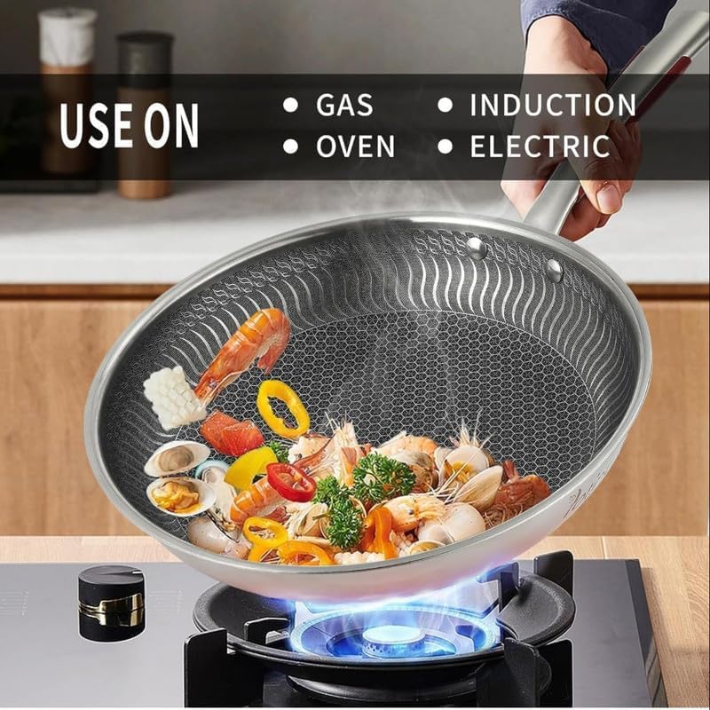 TONSYL 12 inch Wok Pan,Stainless Steel Stir-Fry Wok, Non Stick Honeycomb Skillet with Handle Pancake Omelet Pan Multi-Functional Dishwasher and Oven Safe - Image 3