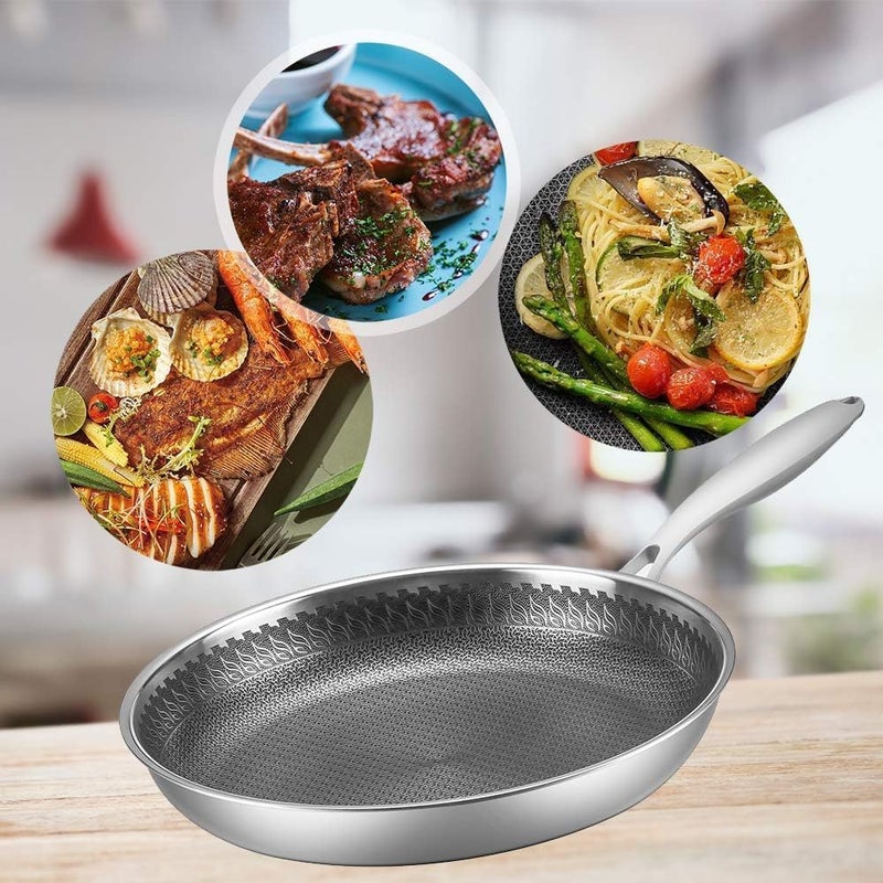 TONSYL 12 inch Wok Pan,Stainless Steel Stir-Fry Wok, Non Stick Honeycomb Skillet with Handle Pancake Omelet Pan Multi-Functional Dishwasher and Oven Safe - Image 4