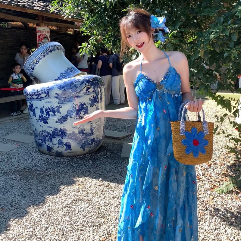 Summer beautiful vacation style long dress with blue rose halter strap detachable sleeve slit irregular dress - Image 2