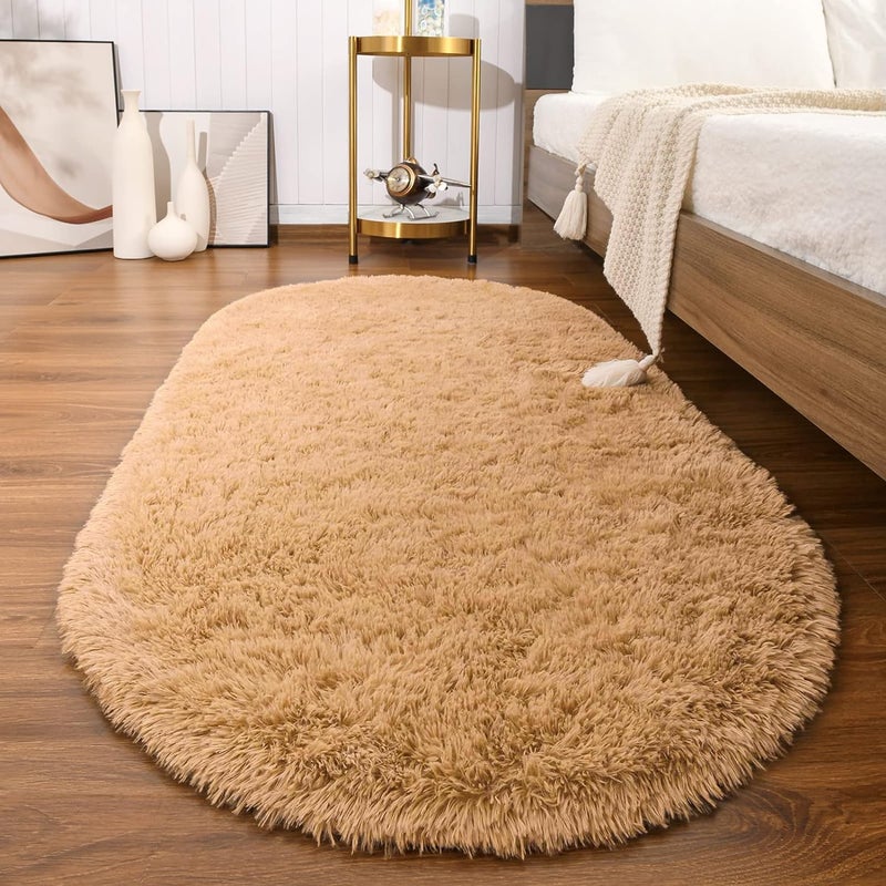 Softlife Oval Fluffy Rugs for Bedroom, 2.6 x 5.3 Feet Shag Cute Area Rug for Girls and Kids Baby Room Home Decor, Indoor Carpet for Nursery Dorm Living Room 2'7" x 5'3" (Oval) Khaki
