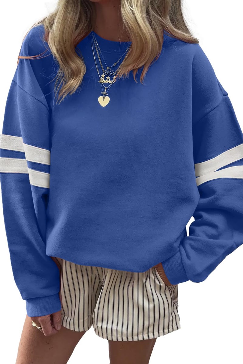 KevaMolly Womens Varsity Striped Oversized Sweatshirt Drop Shoulder Long Sleeve Casual Fashion Pullover Top Sky Blue S - Image 1