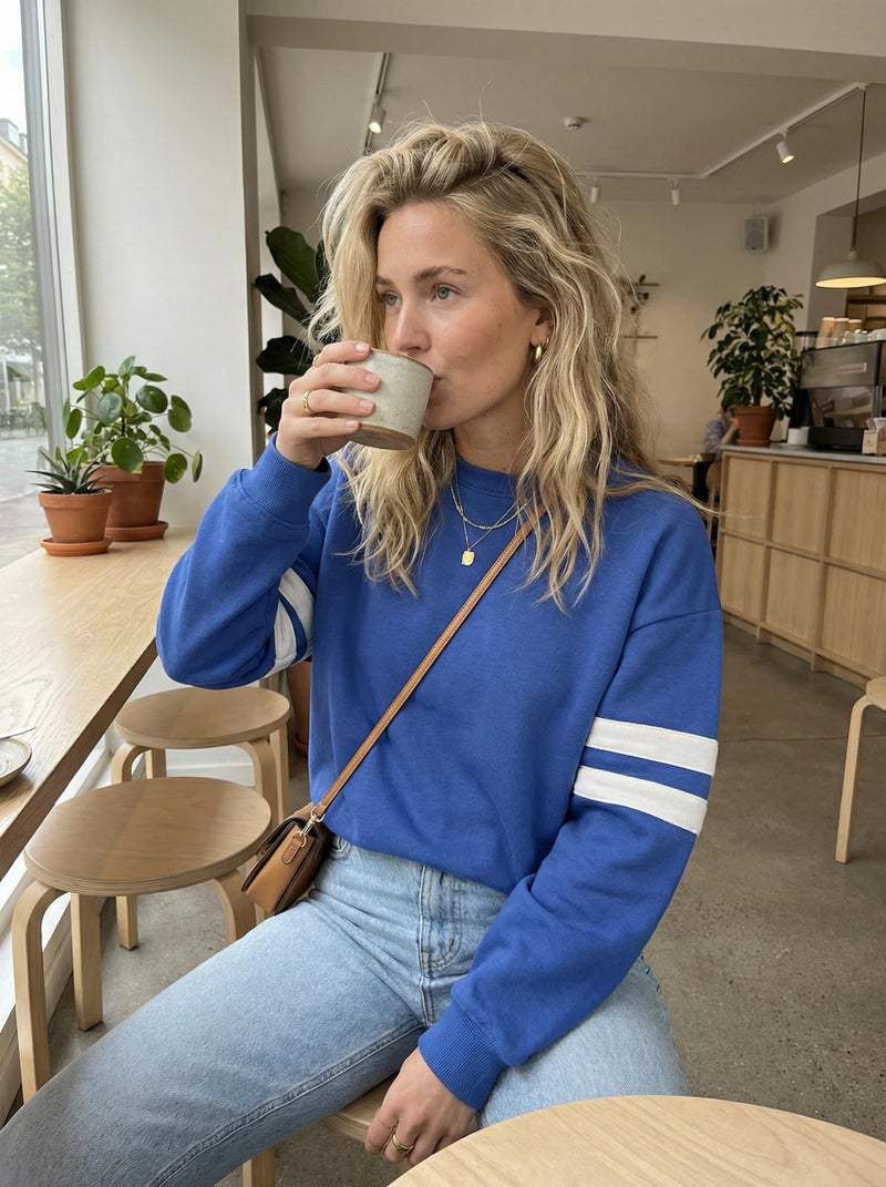 KevaMolly Womens Varsity Striped Oversized Sweatshirt Drop Shoulder Long Sleeve Casual Fashion Pullover Top Sky Blue S - Image 4