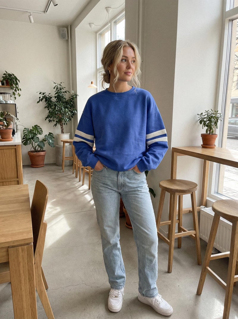 KevaMolly Womens Varsity Striped Oversized Sweatshirt Drop Shoulder Long Sleeve Casual Fashion Pullover Top Sky Blue S - Image 3