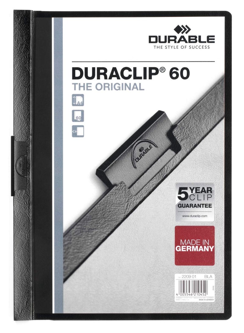 ديورابل مجلد ملفات DURACLIP® 60 ورقة مقاس A4 | وجه شفاف وظهر ملون، مشبك فولاذي نابض لتثبيت آمن، لا حاجة للثقب، ضمان 5 سنوات، عبوة تجزئة 5 قطع، مثالي للاجتماعات والتدريب، أبعاد 219×310×8 مم — ديوريبل - Image 1