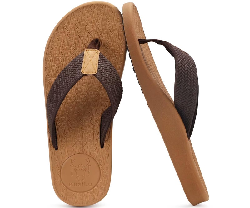 KuaiLu Mens Flip Flops Arch Support Comfortable Cushion Memory Foam Recovery Walking Waterproof Leather Thong Sandals Orthotic Plantar Fasciitis Summer Casual Beach Pool Slip on Slippers Khaki Size 10