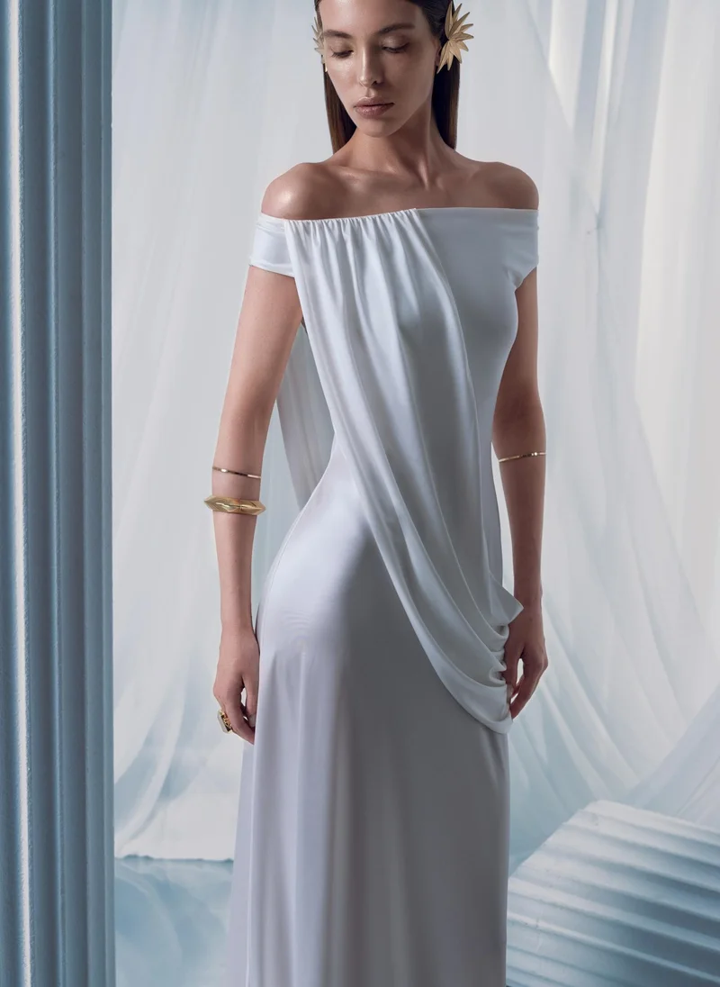 Lichi  Maxi dress with open shoulders and draping for Women | Best Price UAE