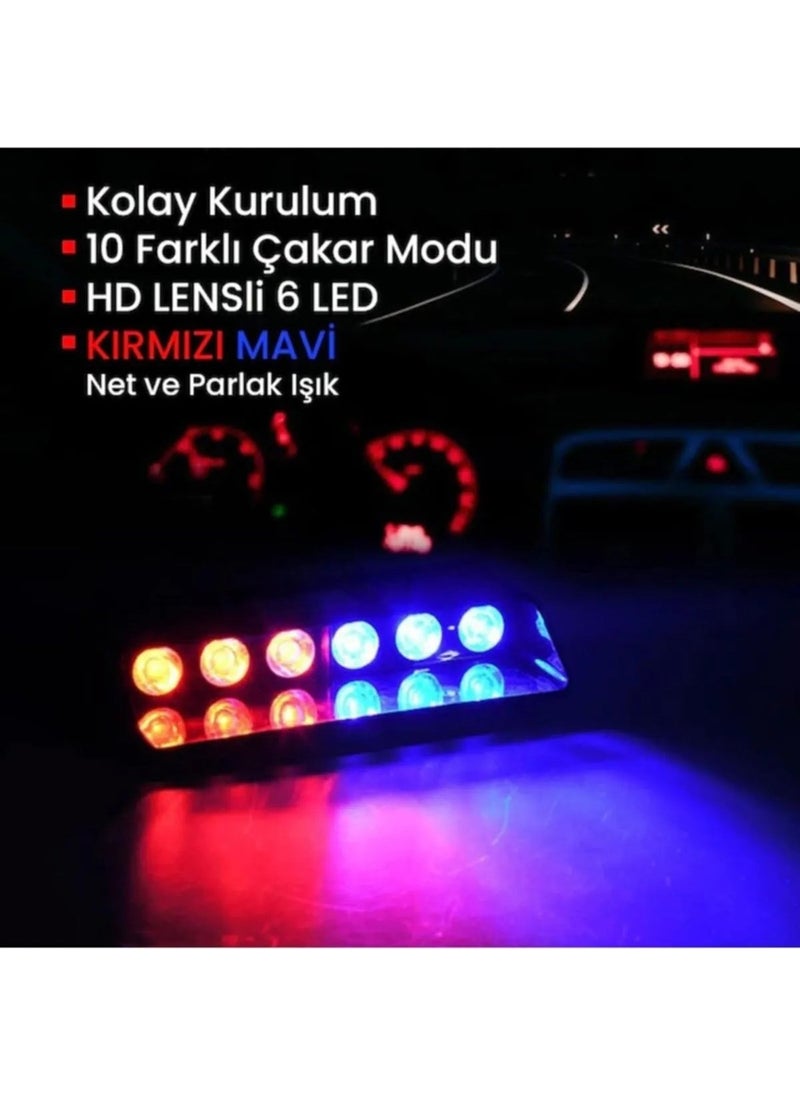 Tiger Marketing - Ts6 Inner Glass Suction Cup Police Flash Light 6 Led Red Blue 12 Modes With Cigarette Lighter Input - Image 1