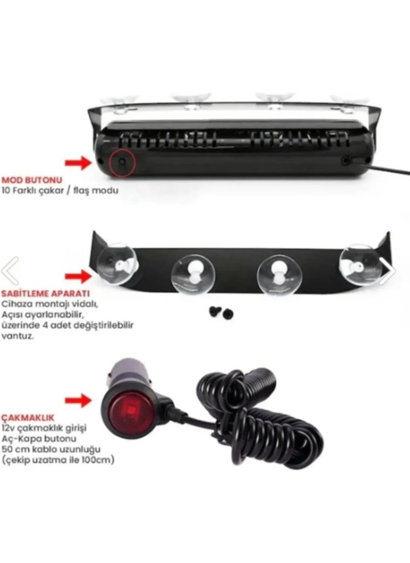 Tiger Marketing - Ts6 Inner Glass Suction Cup Police Flash Light 6 Led Red Blue 12 Modes With Cigarette Lighter Input - Image 1
