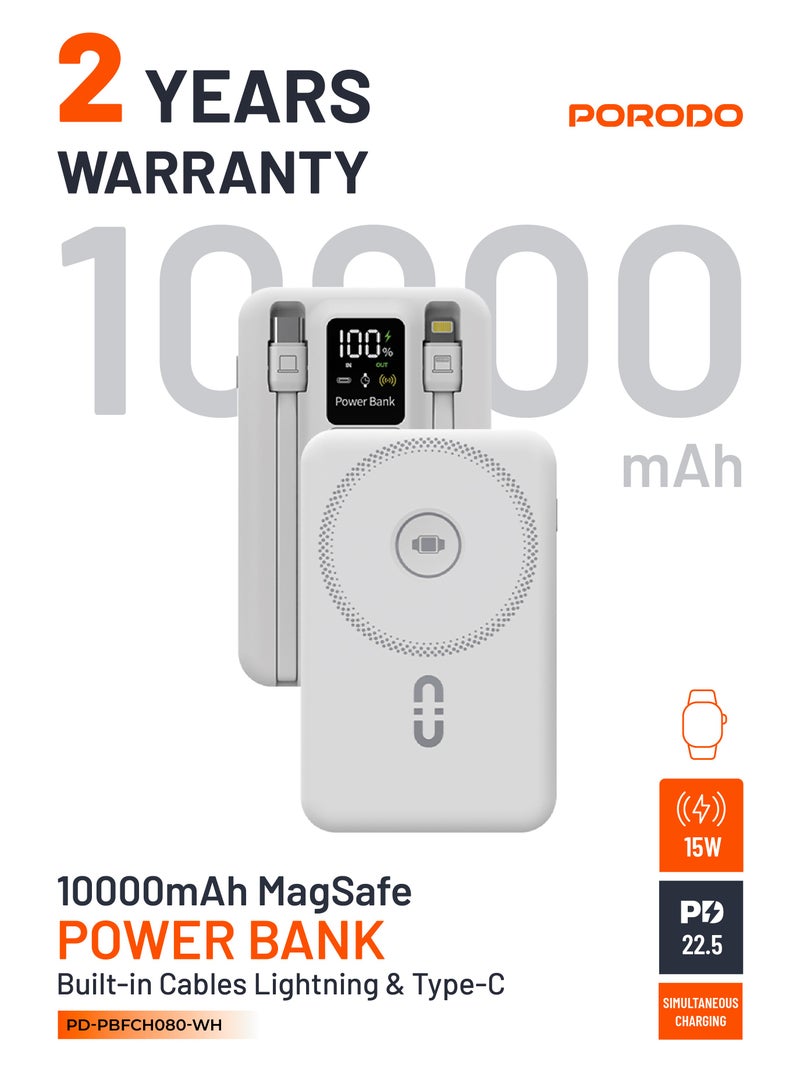 porodo 10000 mAh MagSafe Power Bank 10000mAh PD 22.5W Fast Charging Powerbank, Built-in Type-C & Lighting Cables, Digital Display, 15W Wireless Charging, Simultaneous Charging, Magnetic Power Bank - White - Image 1