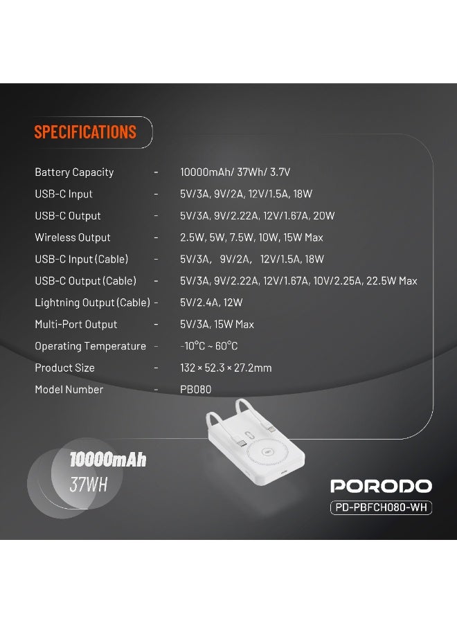 porodo 10000 mAh MagSafe Power Bank 10000mAh PD 22.5W Fast Charging Powerbank, Built-in Type-C & Lighting Cables, Digital Display, 15W Wireless Charging, Simultaneous Charging, Magnetic Power Bank - White - Image 2