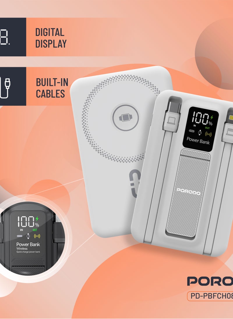 porodo 10000 mAh MagSafe Power Bank 10000mAh PD 22.5W Fast Charging Powerbank, Built-in Type-C & Lighting Cables, Digital Display, 15W Wireless Charging, Simultaneous Charging, Magnetic Power Bank - White - Image 3