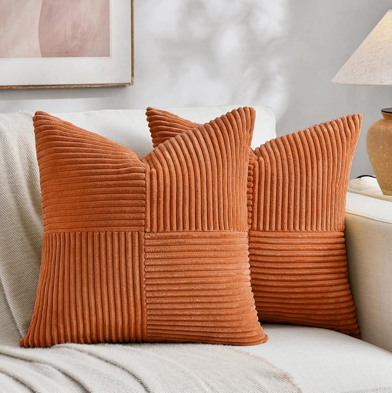 Fancy Homi غطاءان وسائد زخرفية من فانسي هومي بطبعة ريفية بوهيمية باللون الترابي مقاس 18x18 بوصة للأريكة والسرير والأسرة، ديكور منزل ريفي خريفي، غطاء وسادة ناعم من قماش الكوردوروي المزخرف بتقنية الترقيع والملمس المحبب مقاس 45x45 سم - Image 1