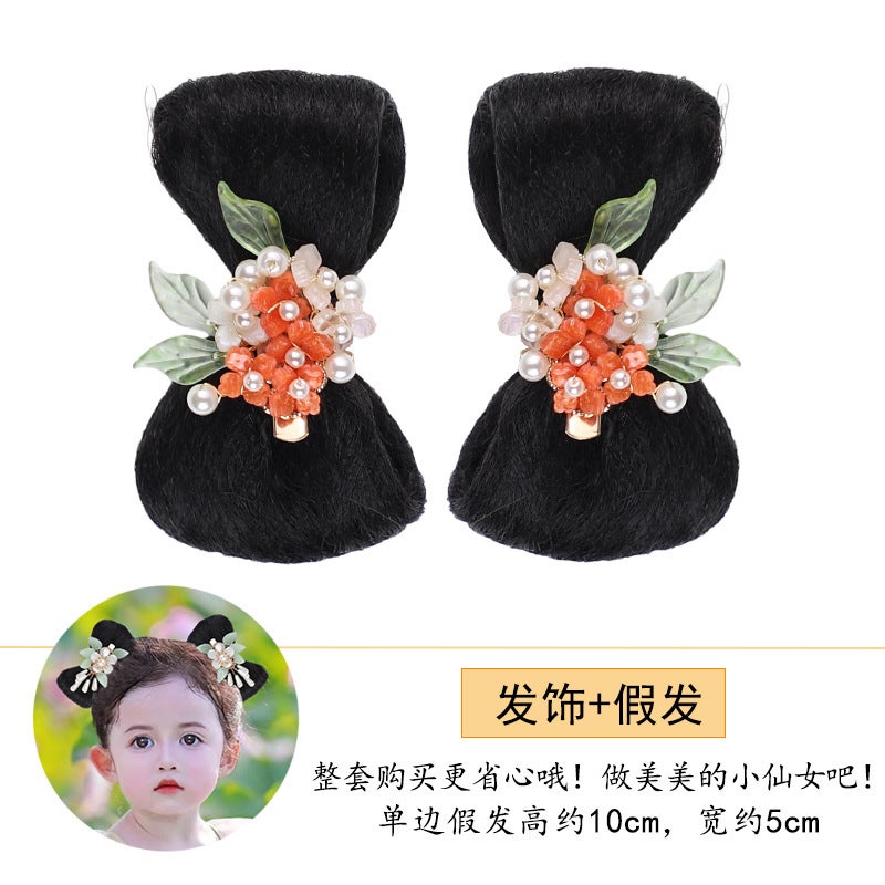 Generic Childrens Hanfu wig bag daily ancient costume bow bun ancient style wig girls hair accessories Headdress Ball head i54 hairpin two + VP058 wig