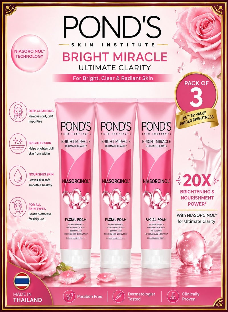Pond's Bright Miracle Ultimate Clarity Niasorcinol Facial Foam with 20X Brightening & Nourishment Power 100g X 3 - Image 1