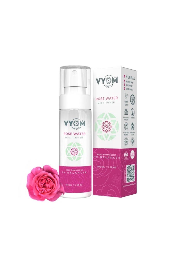 VYOM India Rose Water Toner Spray, Gulab Jal, 100% Pure extract of Rosa Damascena in Rose Water Mist Spray, Hydrating Toner, Tightens Pores, Organic, Natural, Herabal & Plant based -100ML - Image 1