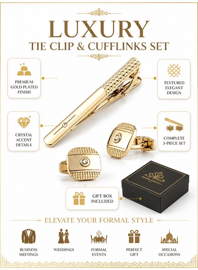 Quantum 3 Pcs Cufflinks and Tie Clip Set - Crystal Inlay Tie Clip & Cufflinks Set - Metal Cufflinks and Tie Clip Set for Business Meetings Weddings and Special Occasions (Gold) - Image 4