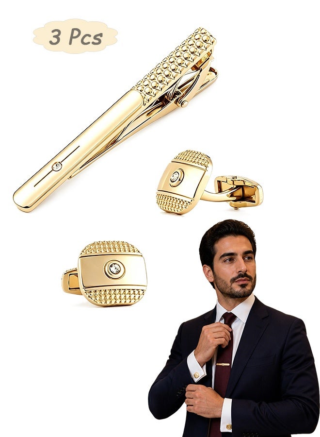 Quantum 3 Pcs Cufflinks and Tie Clip Set - Crystal Inlay Tie Clip & Cufflinks Set - Metal Cufflinks and Tie Clip Set for Business Meetings Weddings and Special Occasions (Gold) - Image 1