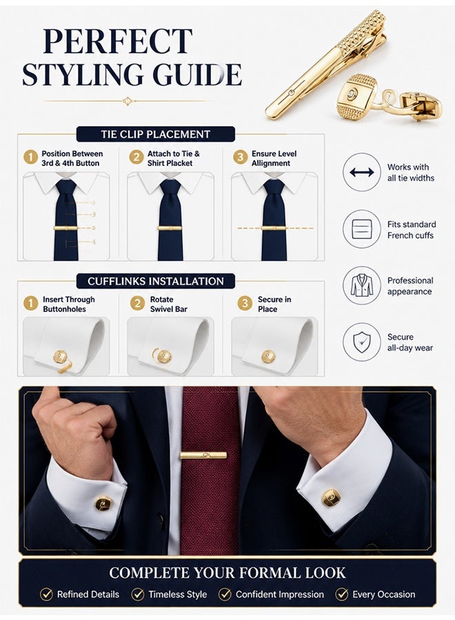 Quantum 3 Pcs Cufflinks and Tie Clip Set - Crystal Inlay Tie Clip & Cufflinks Set - Metal Cufflinks and Tie Clip Set for Business Meetings Weddings and Special Occasions (Gold) - Image 5