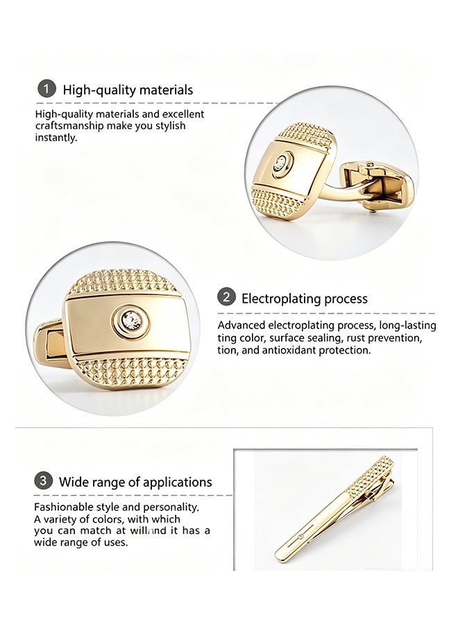Quantum 3 Pcs Cufflinks and Tie Clip Set - Crystal Inlay Tie Clip & Cufflinks Set - Metal Cufflinks and Tie Clip Set for Business Meetings Weddings and Special Occasions (Gold) - Image 3