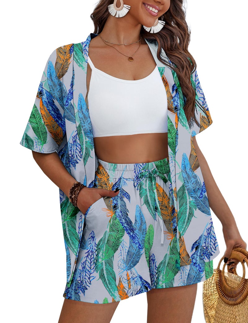 REDHOTYPE Women's Vacation Outfits Cover Ups Tropical Print Shorts Sets Hawaiian Summer Beachwear Green Flower M - Image 1