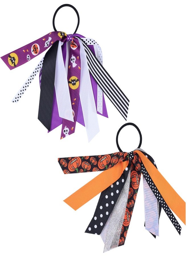 Jacnkb 2 Pcs Halloween Hair Bows Long Ribbon Cheerleading Hair Tie Elastic Ponytail Holder Hair Accessories for Women Girls Halloween Party Decoration - Image 1