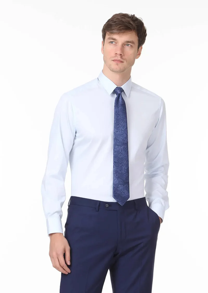 RAMSEY Light Blue Plain Super Slim Fit Weaving Classical 100% Cotton Shirt