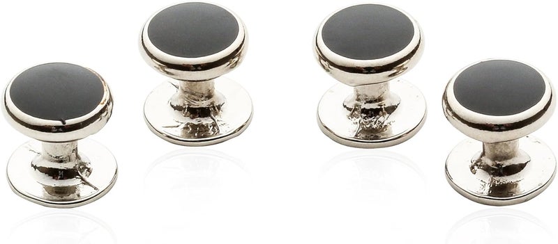 Cuff-Daddy Silver Black Enamel Shirt Studs Set for Tuxedo Wedding Party and Groomsmen in Velour Pouch - Image 1