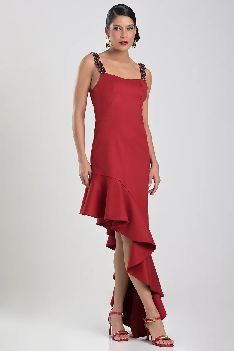 Asymmetric Red Dress with Cascade Ruffle