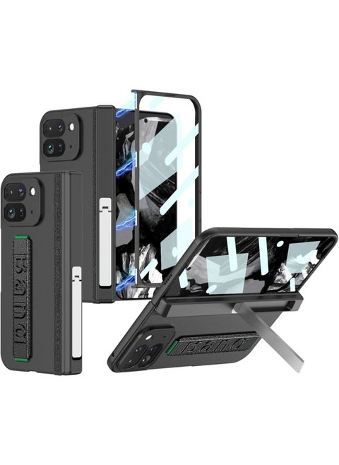 Google Pixel Fold 2 Case, Leather Case with [Hinge Protection] [Screen Protector] [Built-in Kickstand] Ultra-Thin Shockproof Cover Case with Hand Strap