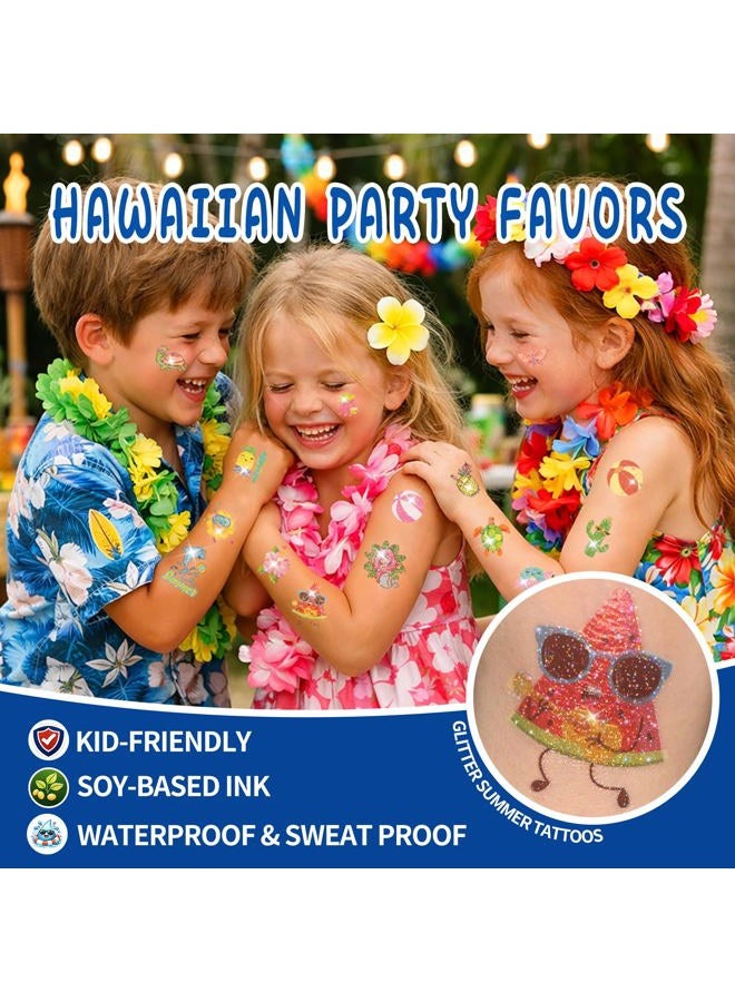 TATUWST Glitter Summer Tattoos Temporary For Kids Hawaiian Luau Themed Tattoos Tropical Beach Waterproof Tattoos Stickers Pool Party Favors Decoration Supplies For Adults - Image 4