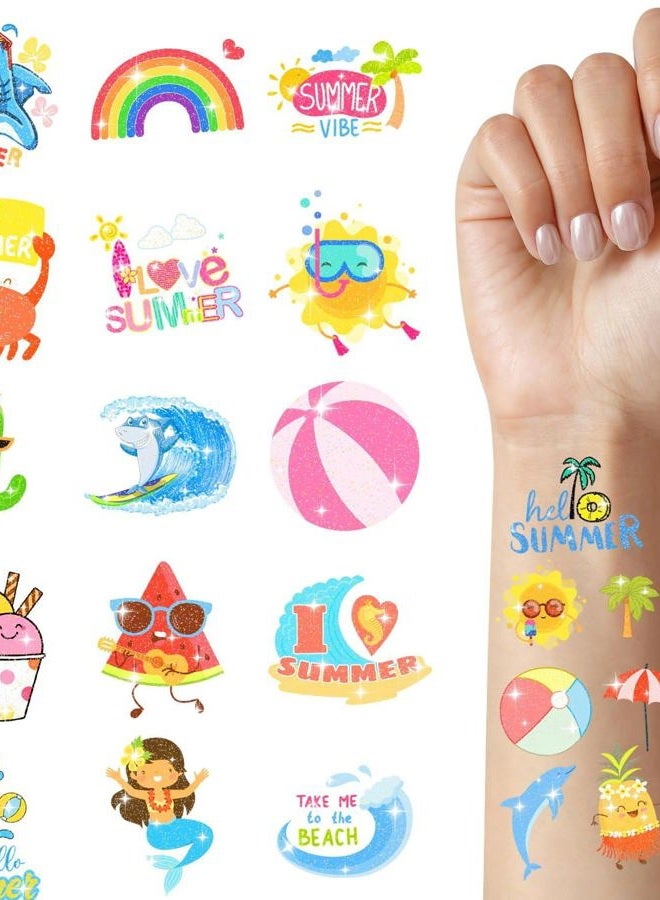 TATUWST Glitter Summer Tattoos Temporary For Kids Hawaiian Luau Themed Tattoos Tropical Beach Waterproof Tattoos Stickers Pool Party Favors Decoration Supplies For Adults - Image 1