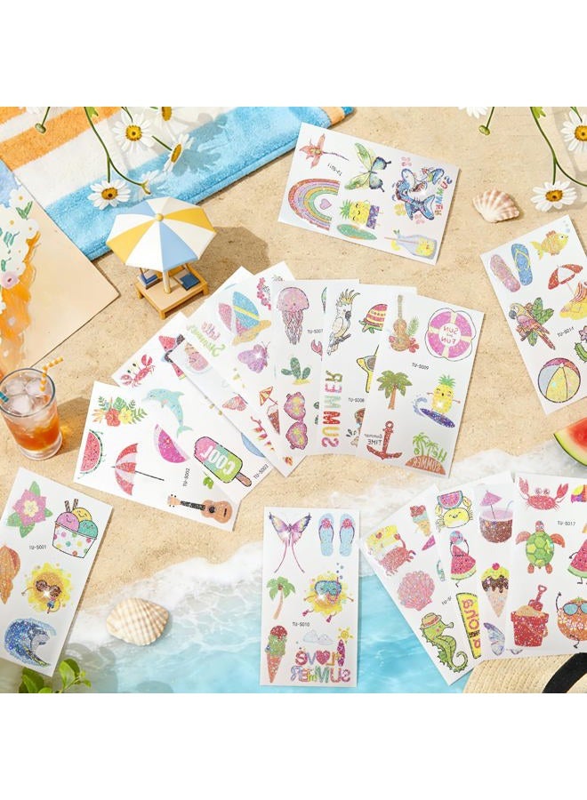TATUWST Glitter Summer Tattoos Temporary For Kids Hawaiian Luau Themed Tattoos Tropical Beach Waterproof Tattoos Stickers Pool Party Favors Decoration Supplies For Adults - Image 2