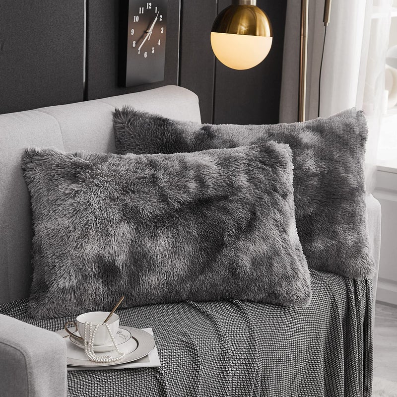 WERDIM WERDIM Shaggy Fluffy Faux Fur Pillowcases 2 Pack Button Closure Velvet Pillow Shams StandardQueen Size Tie Dye Dark Grey 20 X 26 Inches 