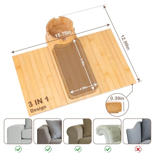 TOMLYOP Couch Cup Holder Tray for Armrests Over 4.9" Wide, Bamboo Couch Arm Tray with 360° Rotating Phone Stand, 3 in 1 Foldable Sofa Arm Tray Table for Remote, Snacks, Phone, Drinks Natural - Image 3