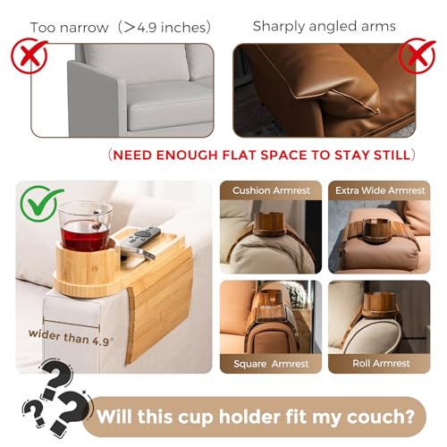 TOMLYOP Couch Cup Holder Tray for Armrests Over 4.9" Wide, Bamboo Couch Arm Tray with 360° Rotating Phone Stand, 3 in 1 Foldable Sofa Arm Tray Table for Remote, Snacks, Phone, Drinks Natural - Image 2