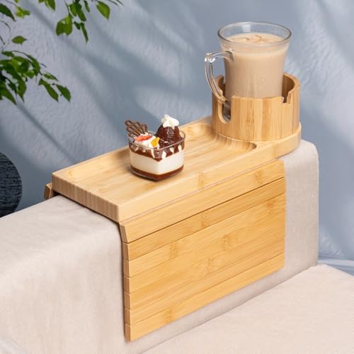 TOMLYOP Couch Cup Holder Tray for Armrests Over 4.9" Wide, Bamboo Couch Arm Tray with 360° Rotating Phone Stand, 3 in 1 Foldable Sofa Arm Tray Table for Remote, Snacks, Phone, Drinks Natural - Image 1