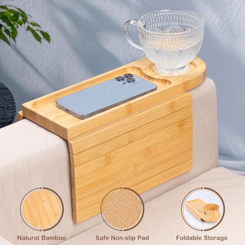 TOMLYOP Couch Cup Holder Tray for Armrests Over 4.9" Wide, Bamboo Couch Arm Tray with 360° Rotating Phone Stand, 3 in 1 Foldable Sofa Arm Tray Table for Remote, Snacks, Phone, Drinks Natural - Image 5