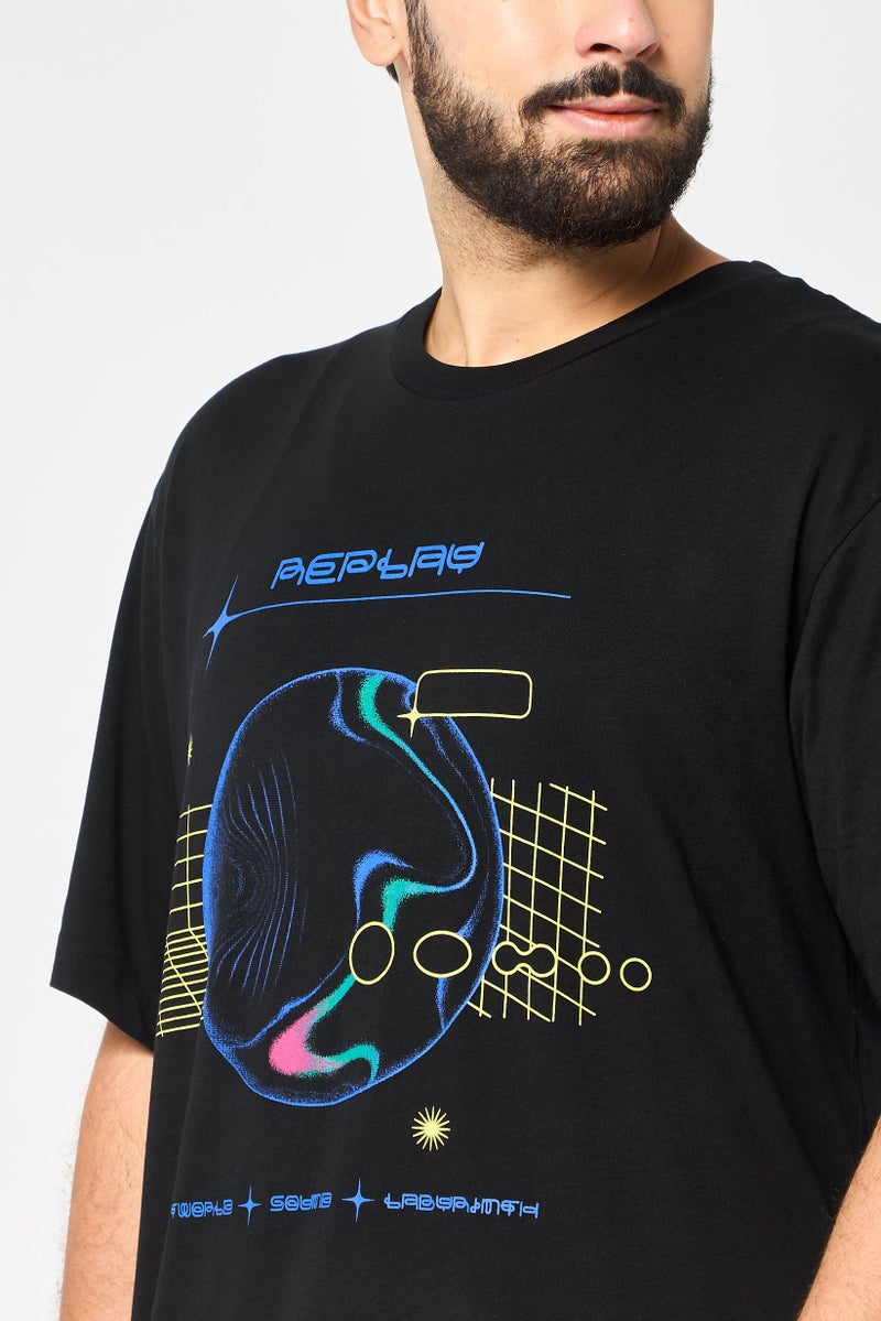 Replay Men Crew Neck Short Sleeve Graphic Print T-Shirt, Black - Image 3