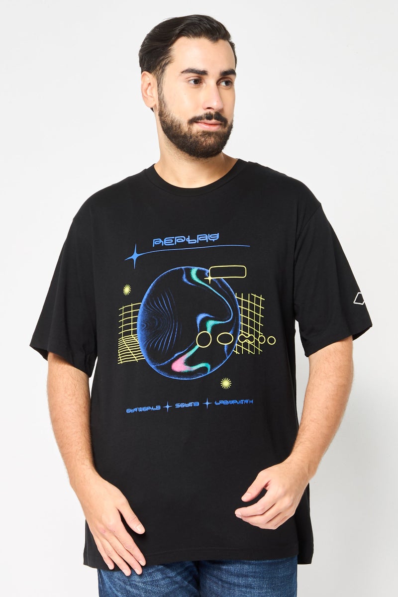 Replay Men Crew Neck Short Sleeve Graphic Print T-Shirt, Black - Image 1