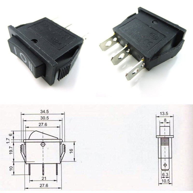 Hull Shape Snap-in KCD3 3 Pin ON-Off-ON Switch (2 Pack)