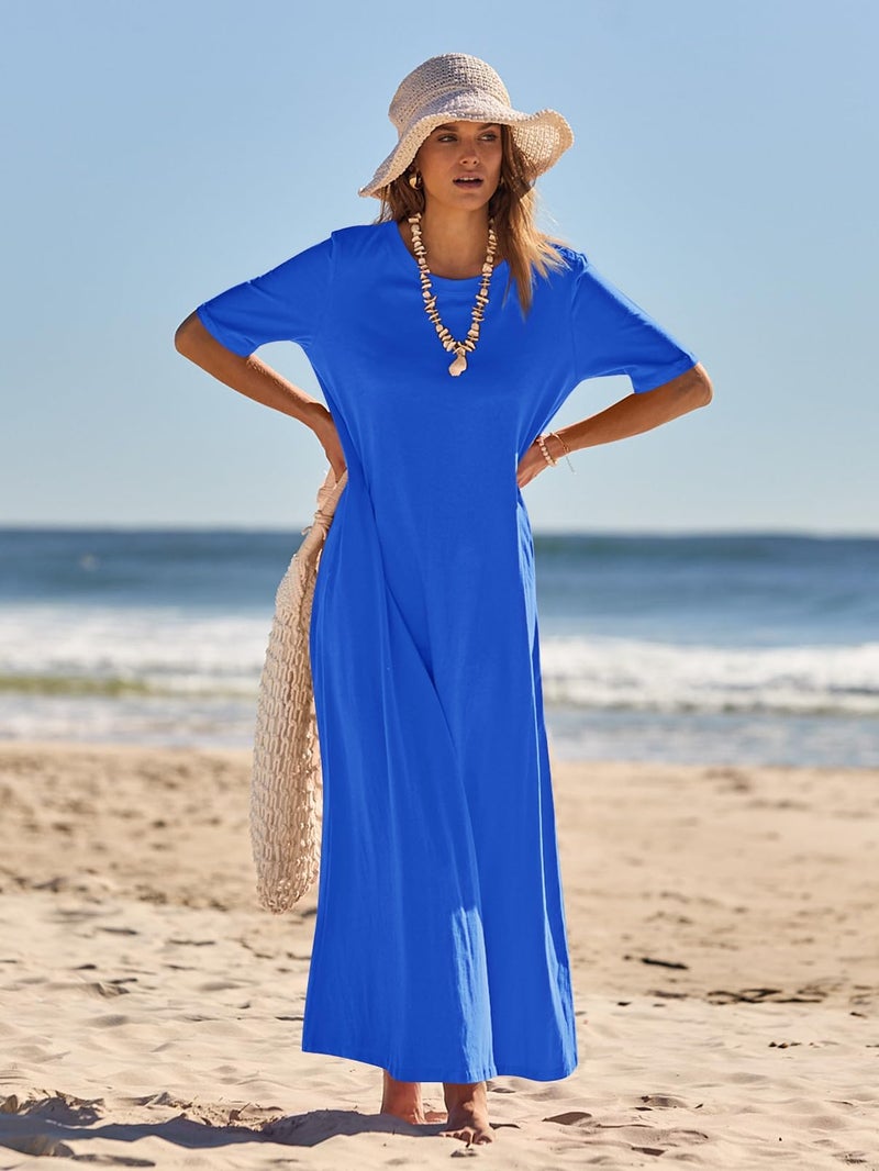 MEROKEETY Summer Spring Maxi Dresses for Women 2026 Casual Vacation Crew Neck Short Sleeve Long T Shirt Dress with Pockets, Royal Blue, XX-Large - Image 3