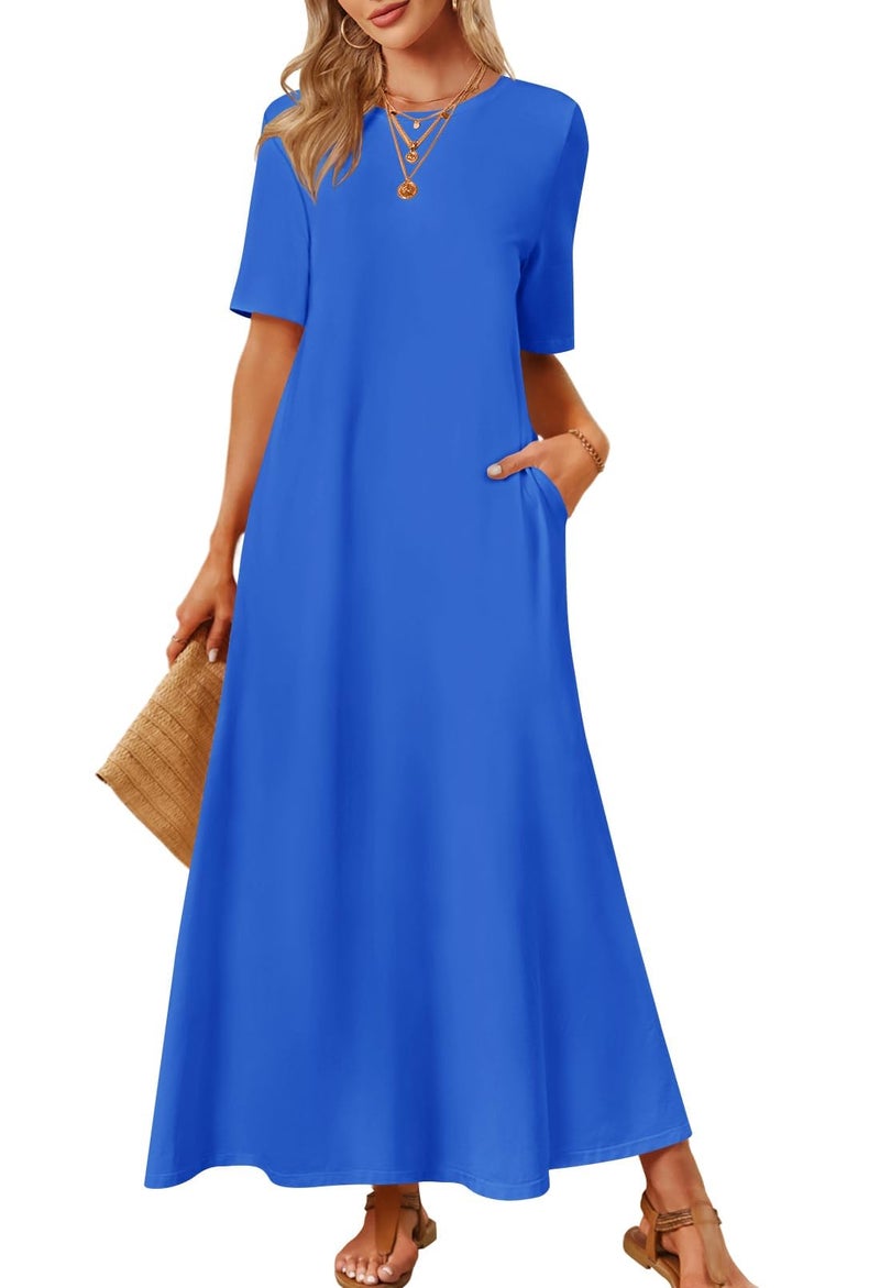 MEROKEETY Summer Spring Maxi Dresses for Women 2026 Casual Vacation Crew Neck Short Sleeve Long T Shirt Dress with Pockets, Royal Blue, XX-Large - Image 1