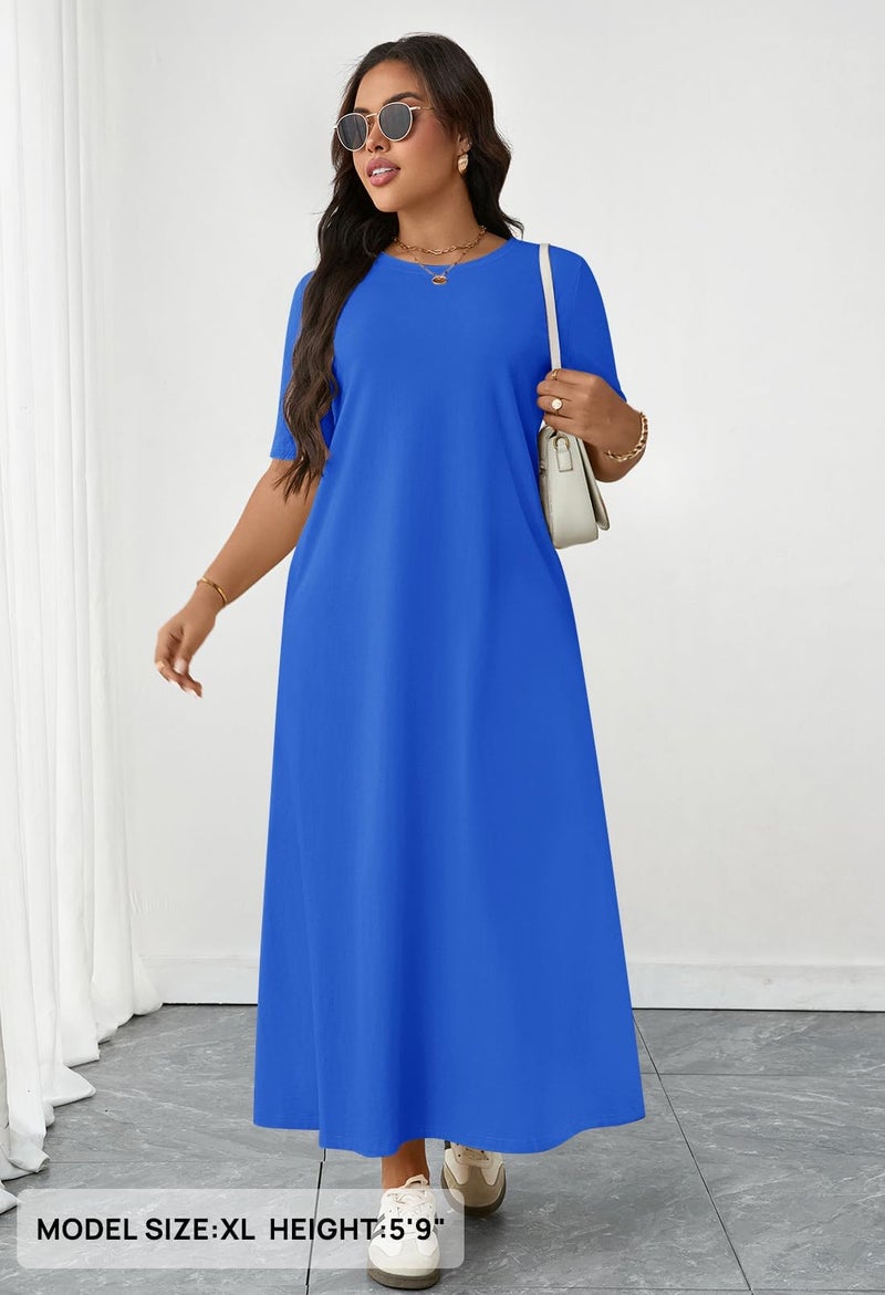 MEROKEETY Summer Spring Maxi Dresses for Women 2026 Casual Vacation Crew Neck Short Sleeve Long T Shirt Dress with Pockets, Royal Blue, XX-Large - Image 4
