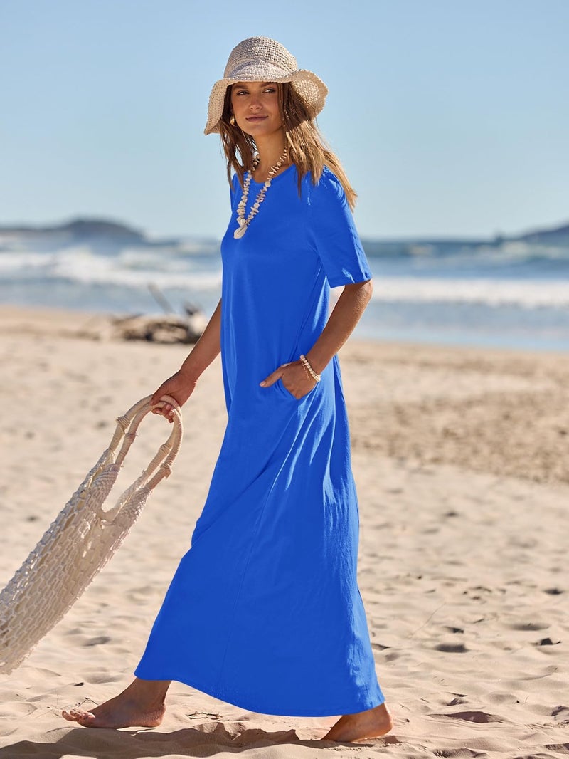 MEROKEETY Summer Spring Maxi Dresses for Women 2026 Casual Vacation Crew Neck Short Sleeve Long T Shirt Dress with Pockets, Royal Blue, XX-Large - Image 2