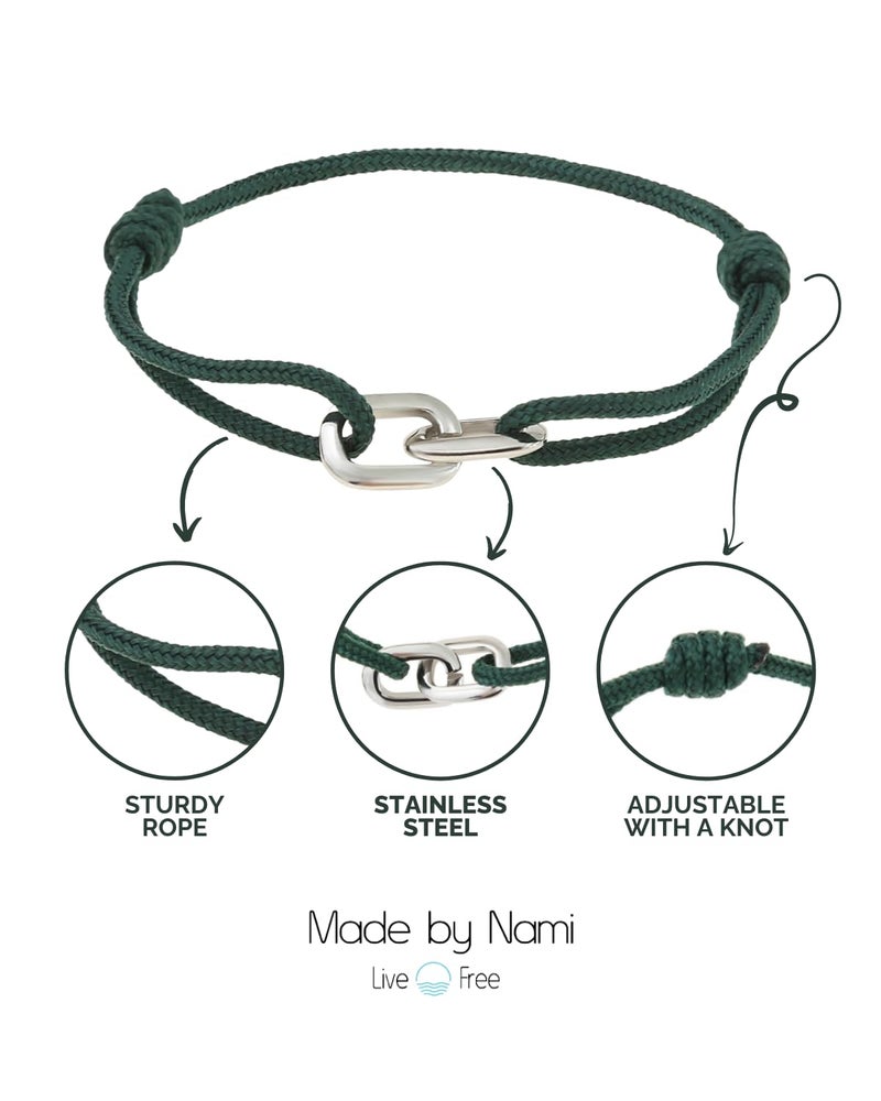 Made by Nami Nautical Bracelets for Men Adjustable and Waterproof Rope Bracelet for Men with Stainless Steel Charm Gift for Him (Emerald Green Silver) - Image 5