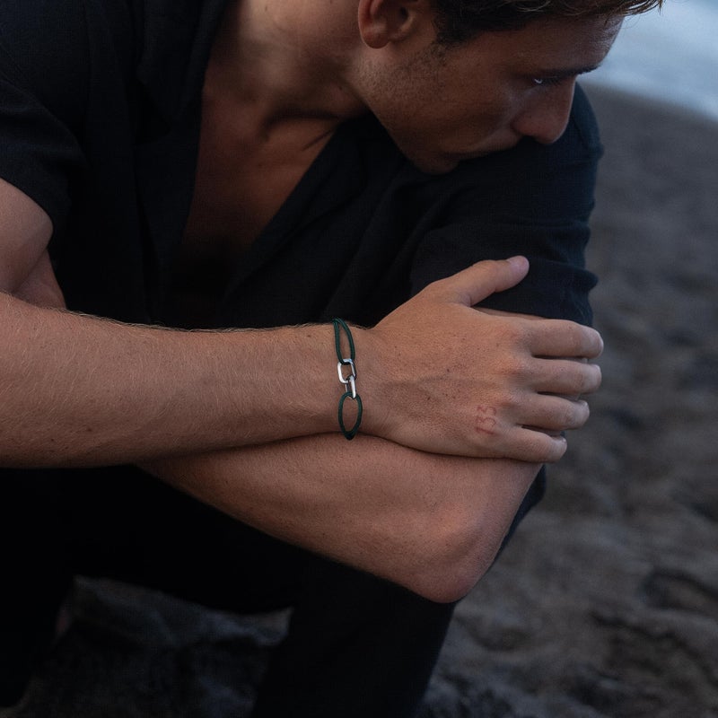 Made by Nami Nautical Bracelets for Men Adjustable and Waterproof Rope Bracelet for Men with Stainless Steel Charm Gift for Him (Emerald Green Silver) - Image 3