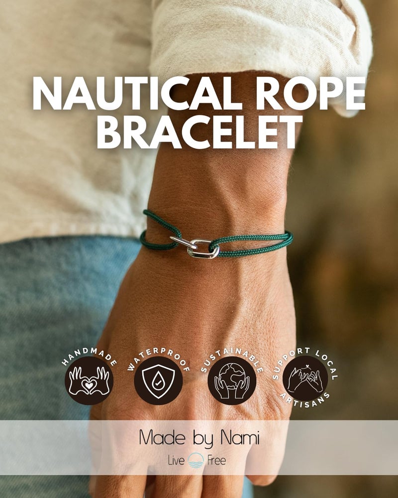 Made by Nami Nautical Bracelets for Men Adjustable and Waterproof Rope Bracelet for Men with Stainless Steel Charm Gift for Him (Emerald Green Silver) - Image 2