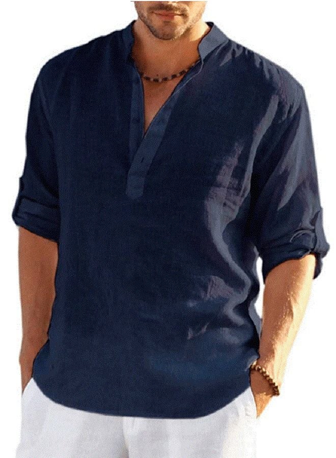 NIBEMINENT Men's Long Sleeve Loose Solid Color Linen Shirt 