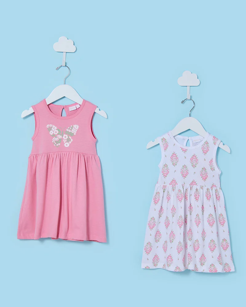Redtag Infant Girls Pink and White Sleeveless Dresses (Pack of 2)